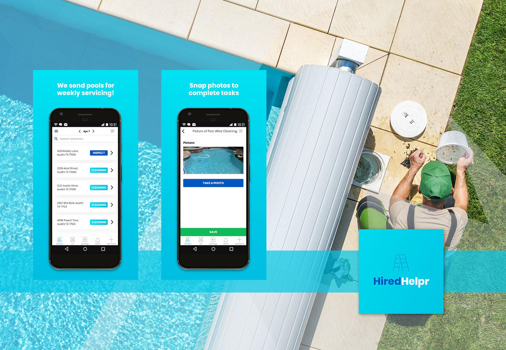 We send pools for weekly servicing! - HiredHelpr - Mobile mockups for Hiredhelpr app.